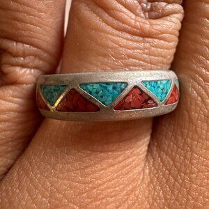 Vintage Navajo Turquoise Red Coral Silver Band Ring Approx Size 10/11